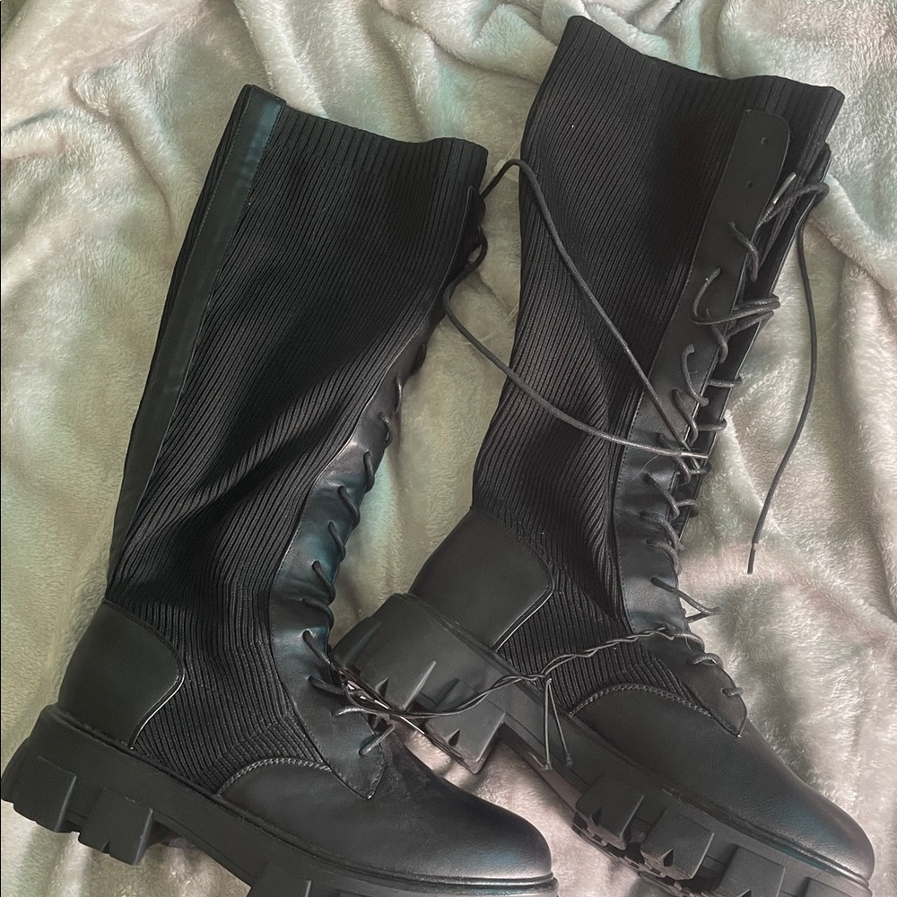 Black Lace-Up Knee-High Boots